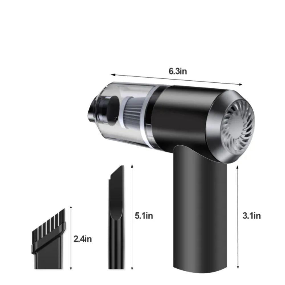 Black handheld vacuum cleaner with dimensions labeled on a white background