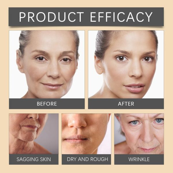 Before and after effects of a skincare product on a woman's face with text labels.