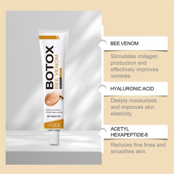 Botox Bee Venom skincare product with ingredients listed on a beige background