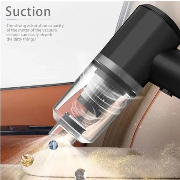Vacuum cleaner with a focus on suction power cleaning a car seat.