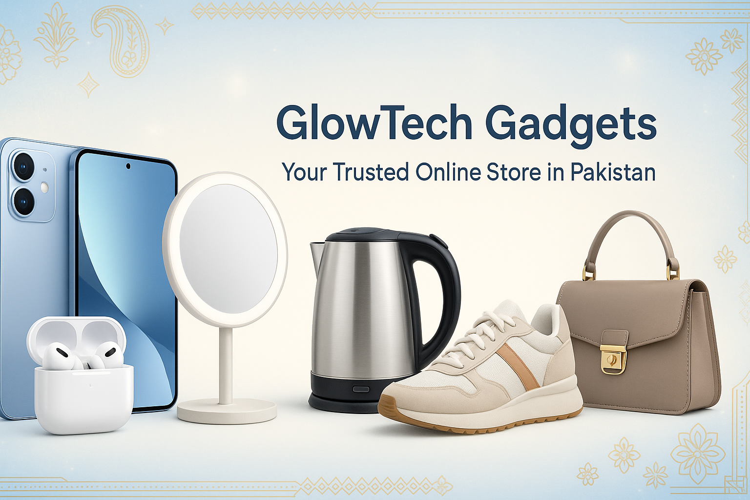 "Bright and modern e-commerce banner with white and sky blue theme, soft glowing background, and a touch of festive Pakistani vibes. Show lifestyle-friendly products like smart gadgets, beauty tools, kitchen items, trendy footwear, and fashion accessories in a clean and stylish layout. Add decorative patterns inspired by Pakistani art with a modern twist. Space for bold text: ‘GlowTech Gadgets – Your Trusted Online Store in Pakistan’. Professional, premium, and appealing for Pakistani shoppers."