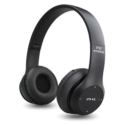Black wireless headphones with control panel on a white background