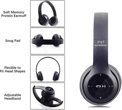 P47 Wireless Bluetooth Headphones – Foldable, Lightweight, with Mic & FM