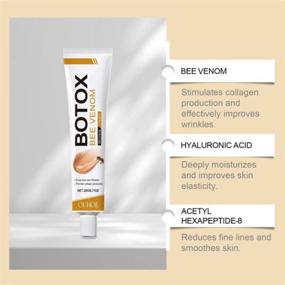 Botox Bee Venom skincare product with ingredients listed on a beige background
