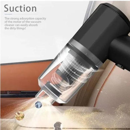 Vacuum cleaner with a focus on suction power cleaning a car seat.