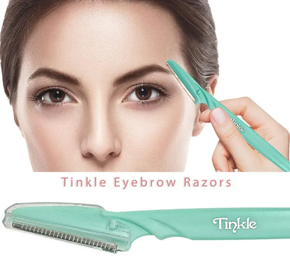 Tinkle eyebrow razor with a close-up of a woman's face and the product.