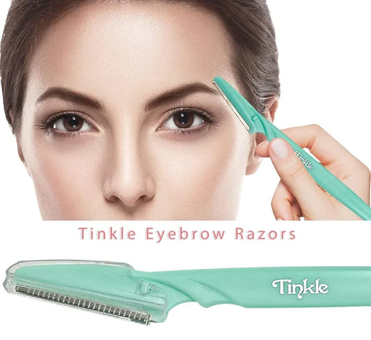 Tinkle eyebrow razor with a close-up of a woman's face and the product.